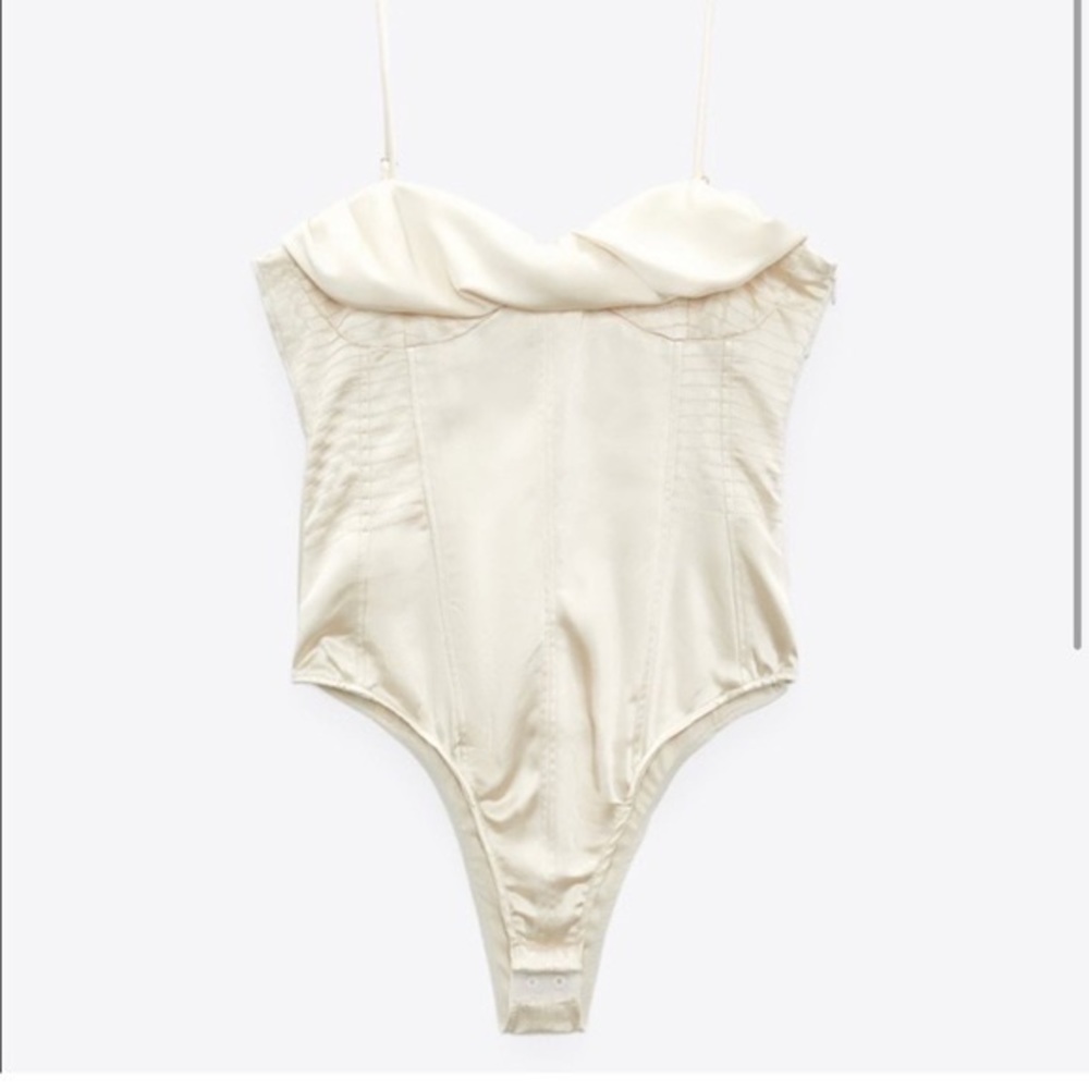Zara white champagne satin silk corset bodysuit small